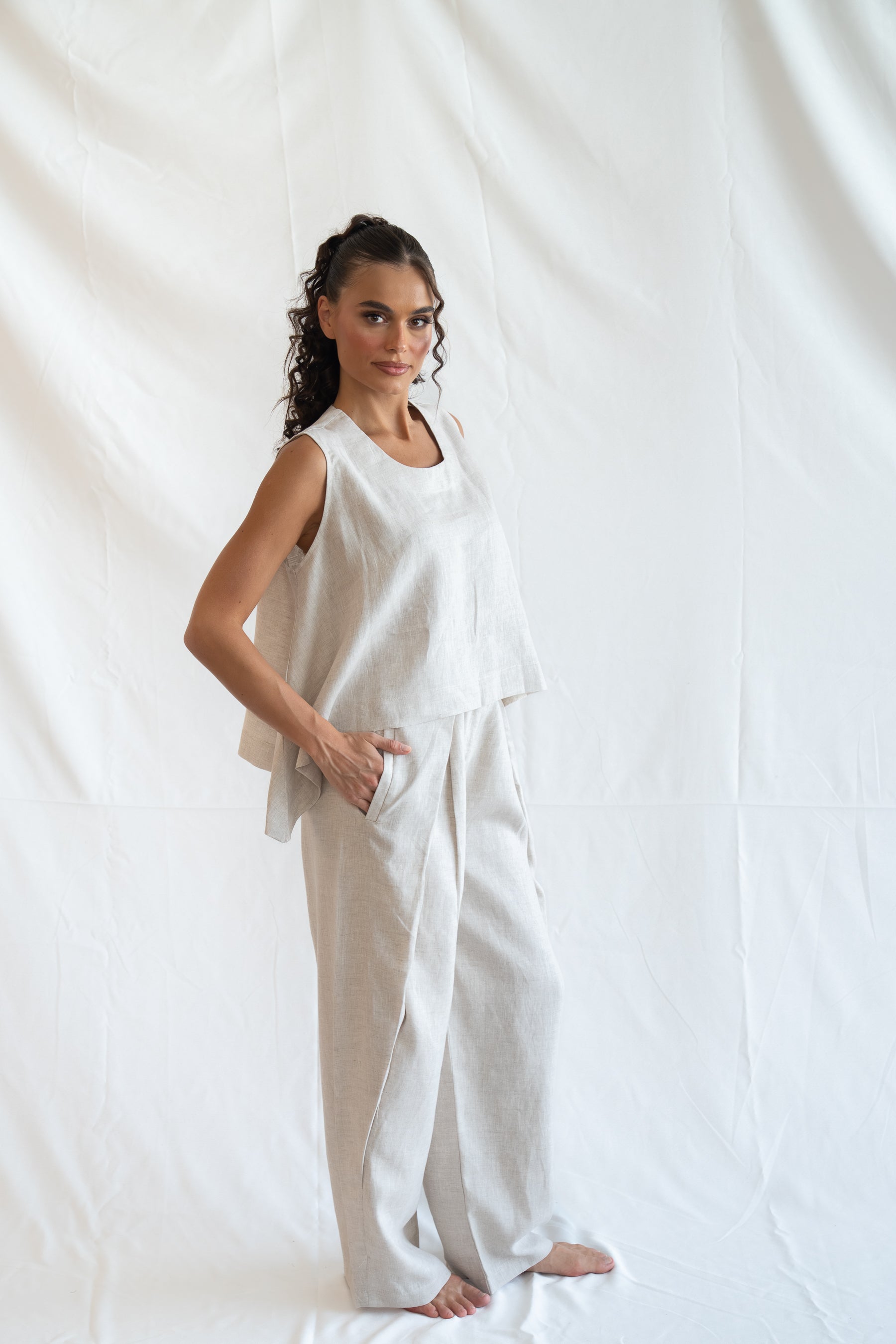 beige linen set