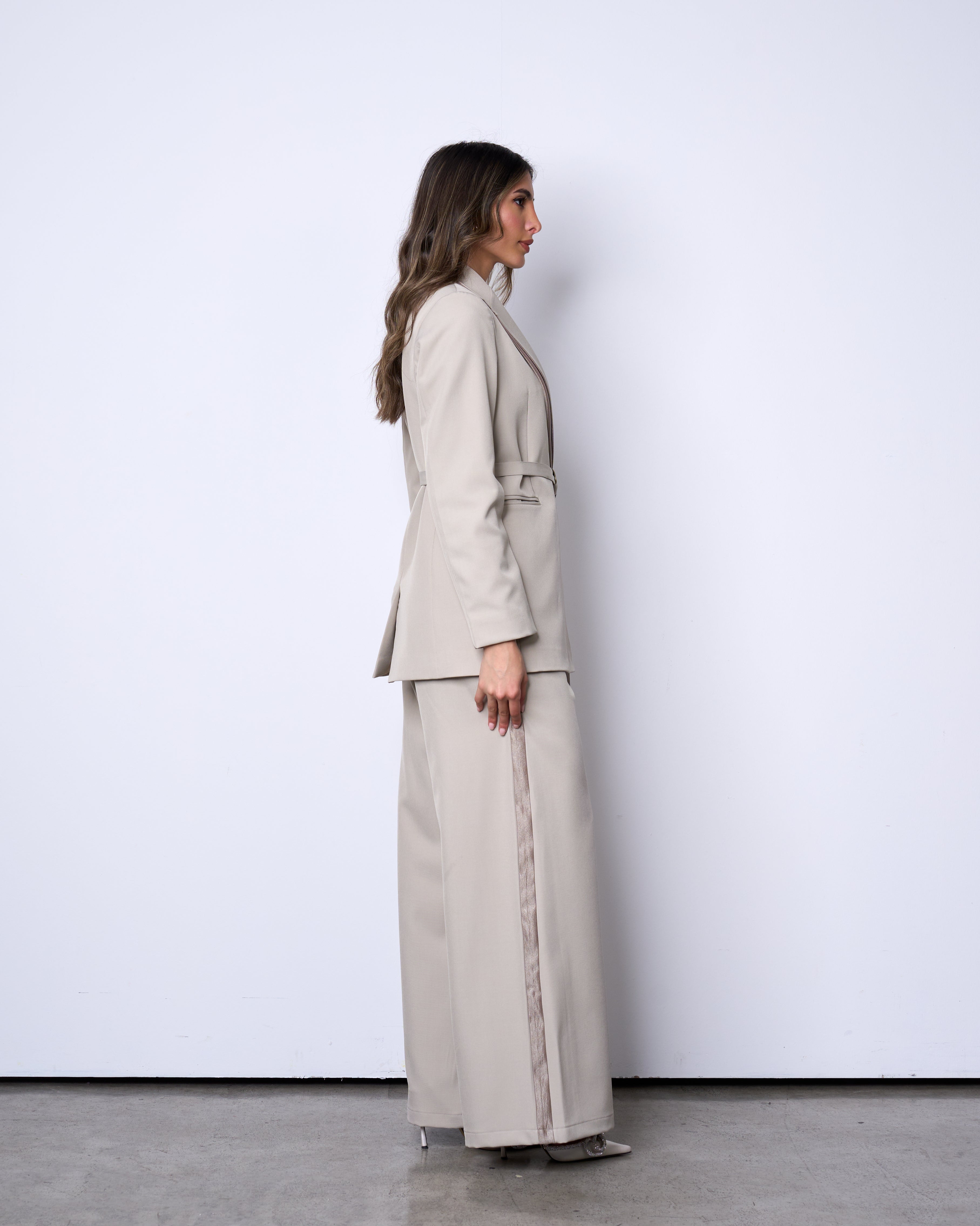 Stone Beige Belted Suit