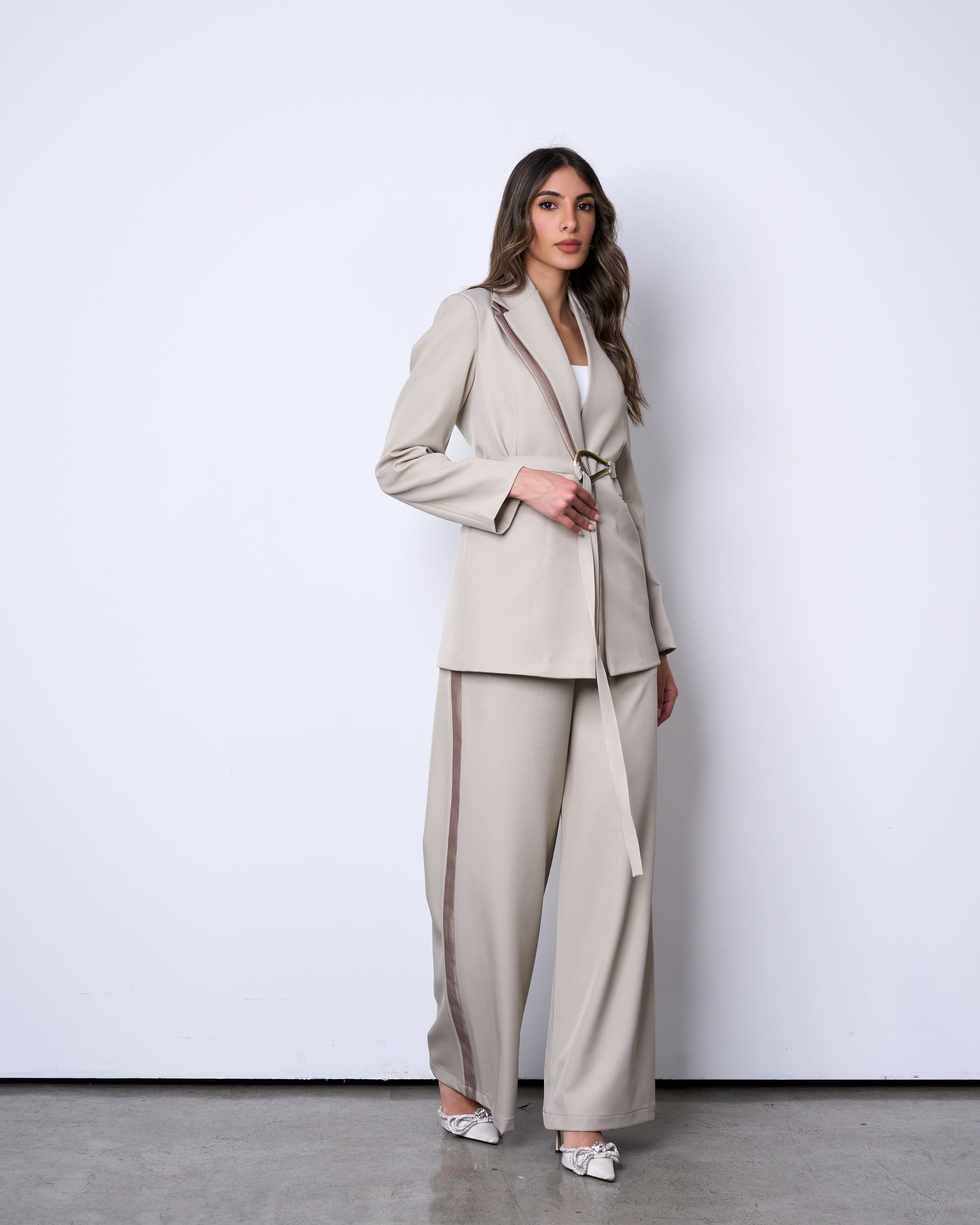 Stone Beige Belted Suit
