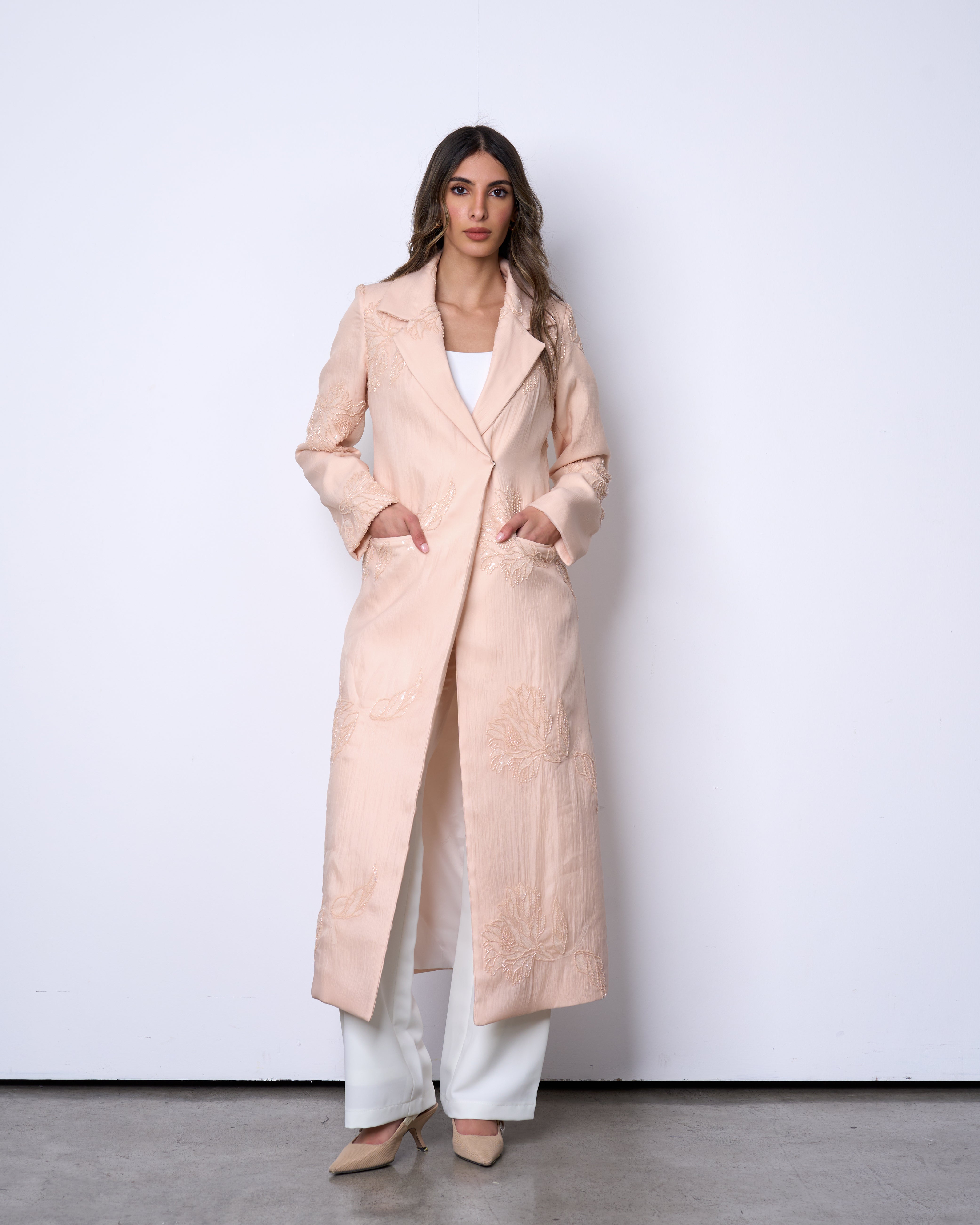 peach Embellished Long Blazer