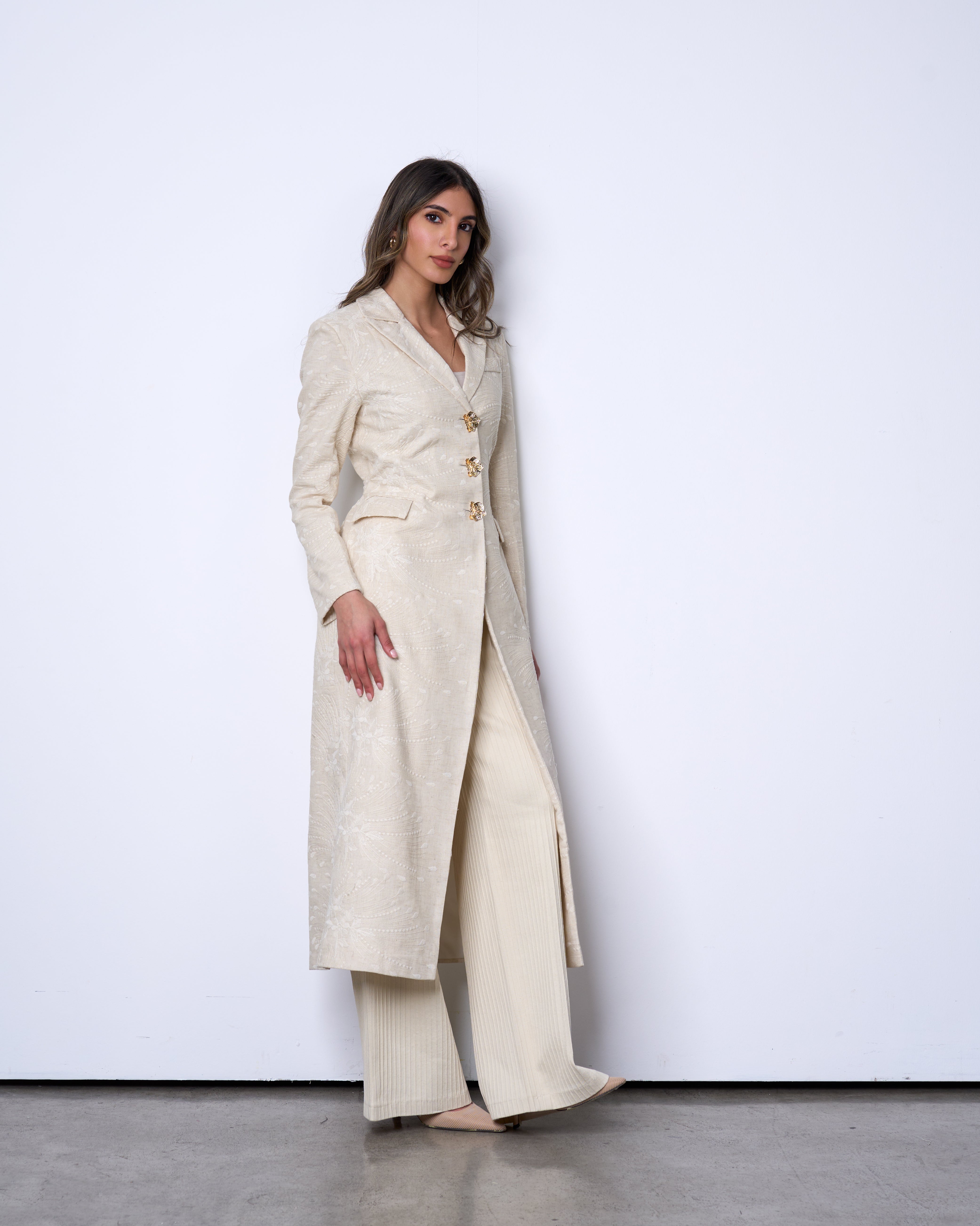 Cream Embroidered long Blazer