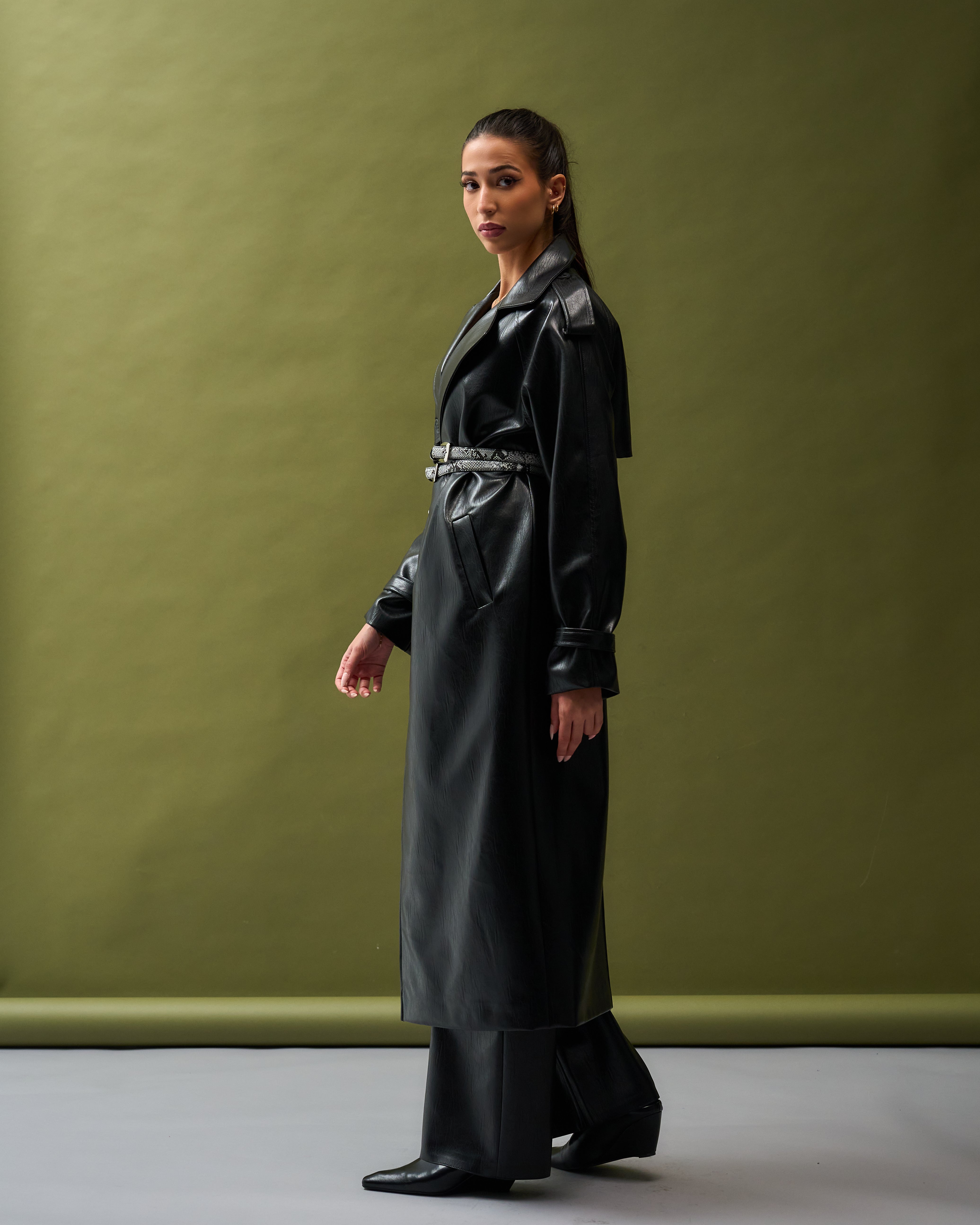 Python Double Belt leather trench