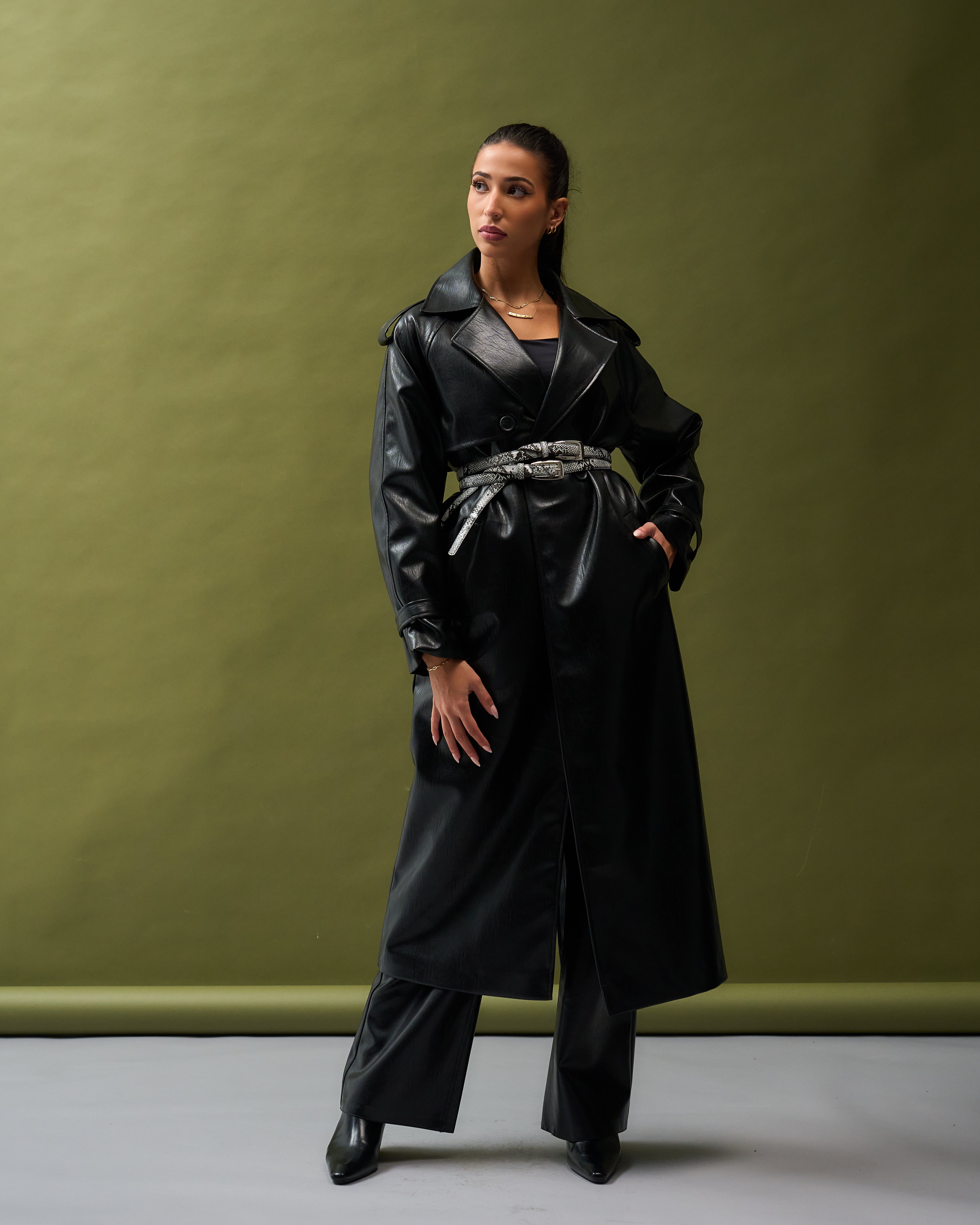 Python Double Belt leather trench