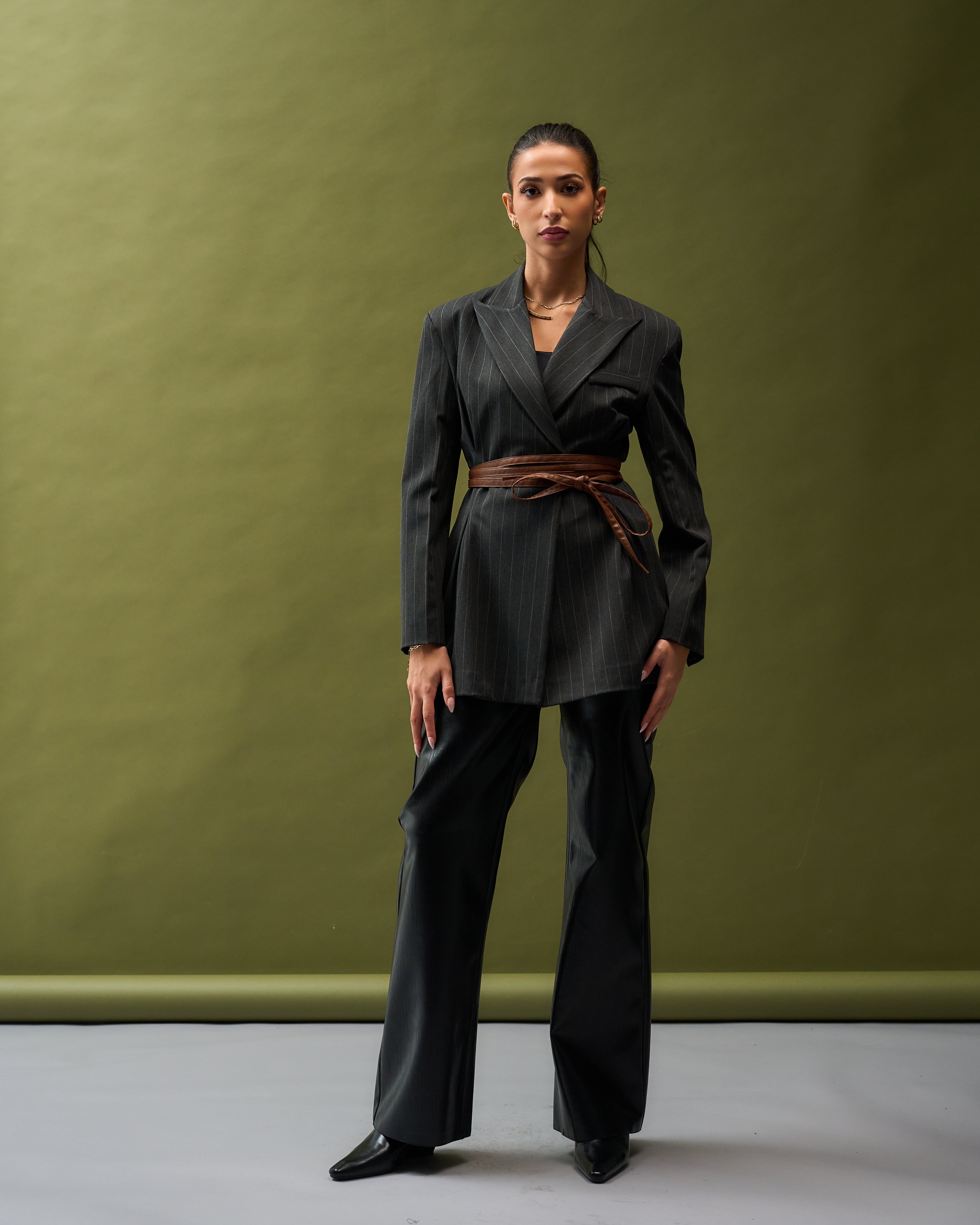 Pinstripe Belted Blazer