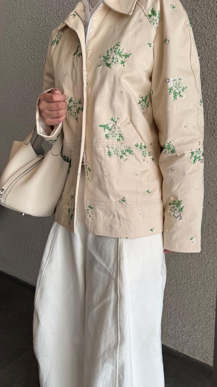 Beige Jeans Embellished Jacket
