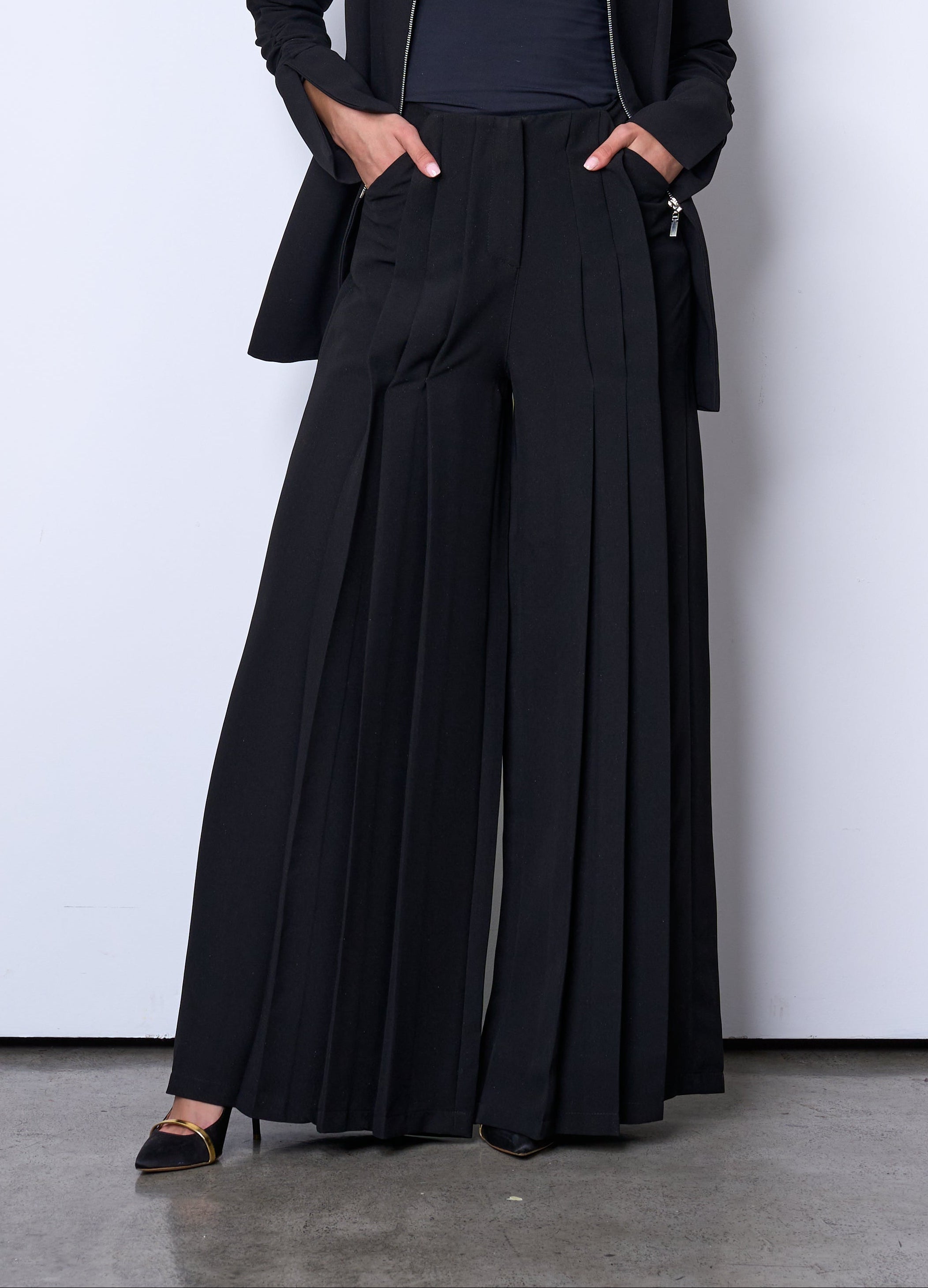 black pleated wide leg pants