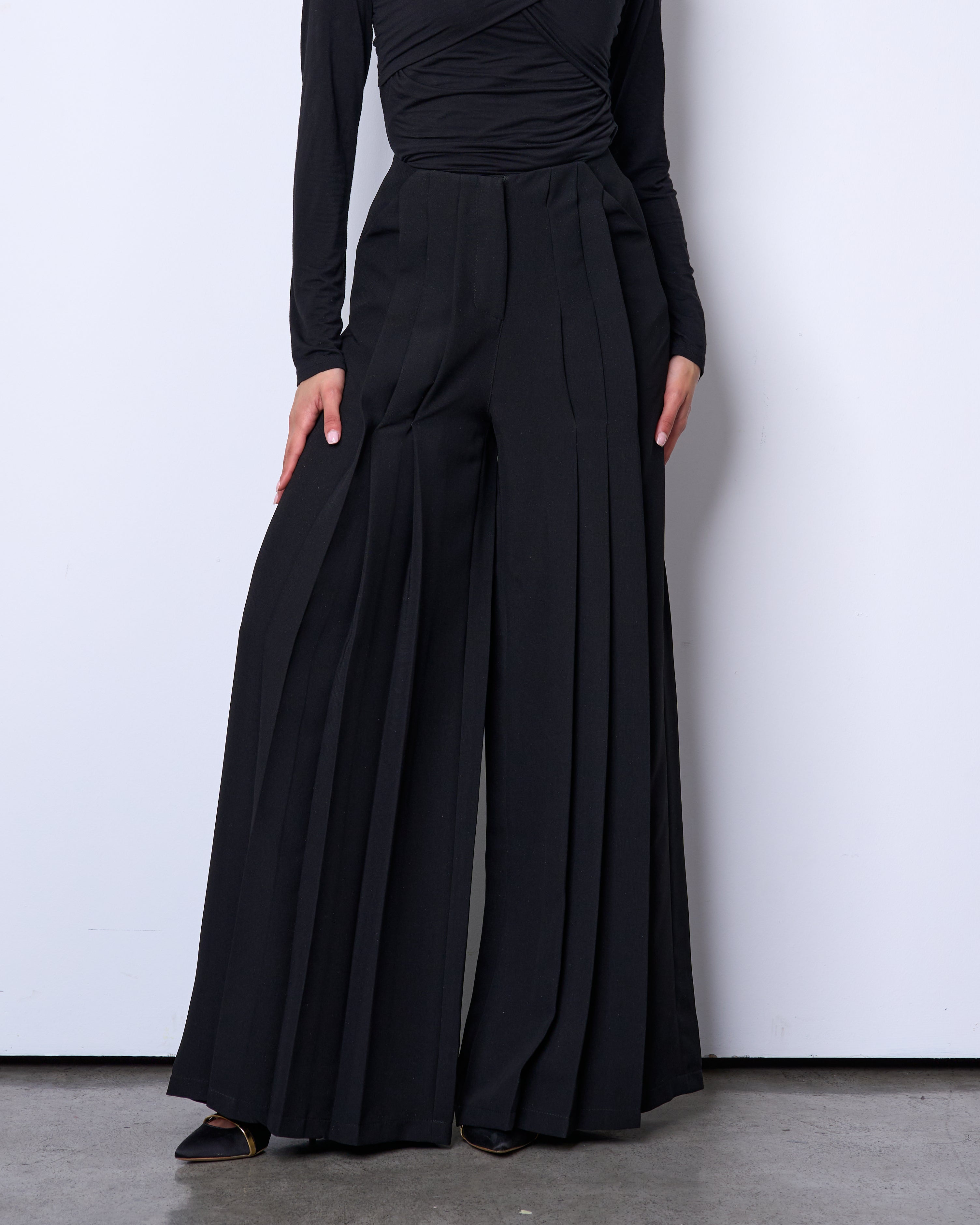 black pleated wide leg pants