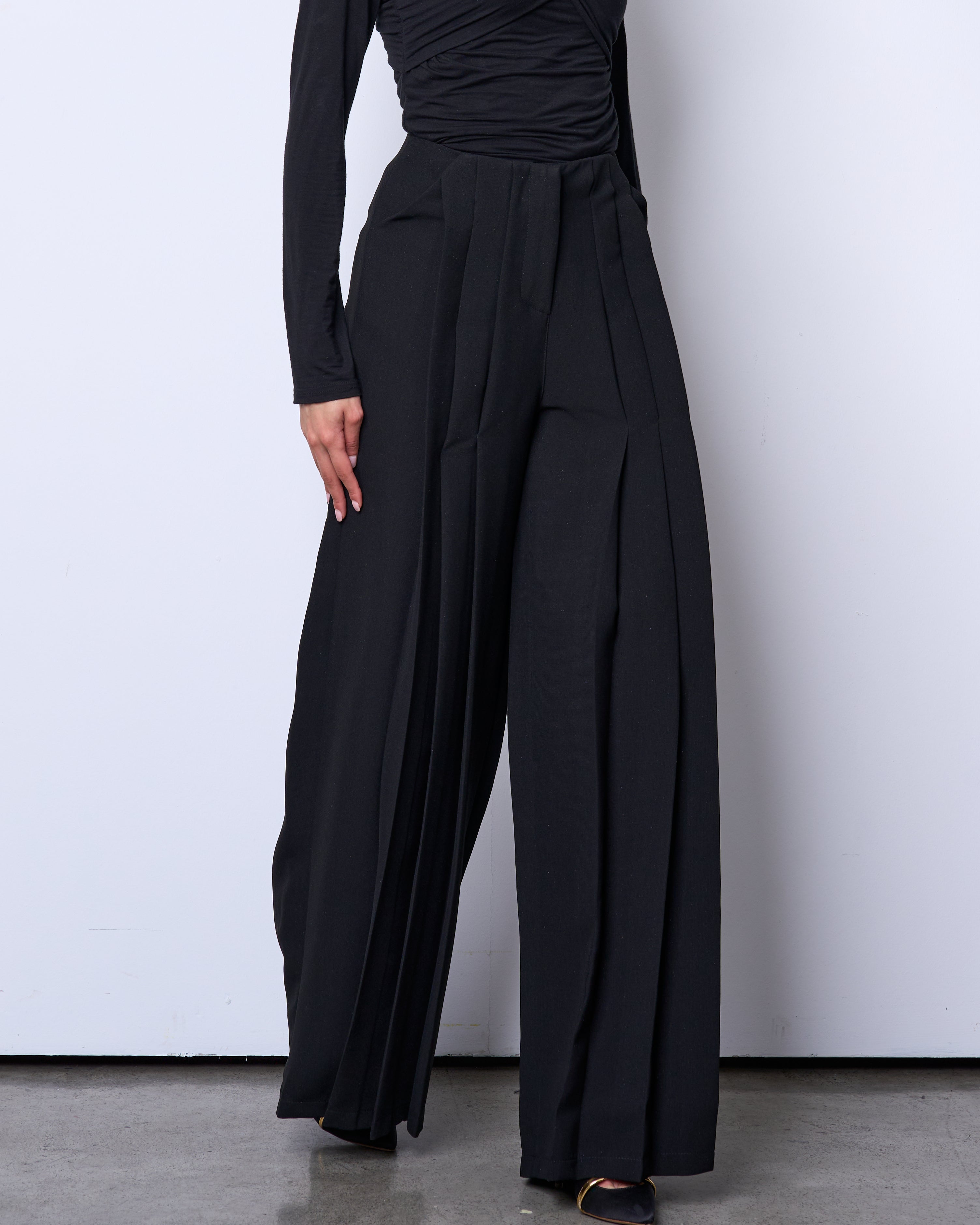 black pleated wide leg pants
