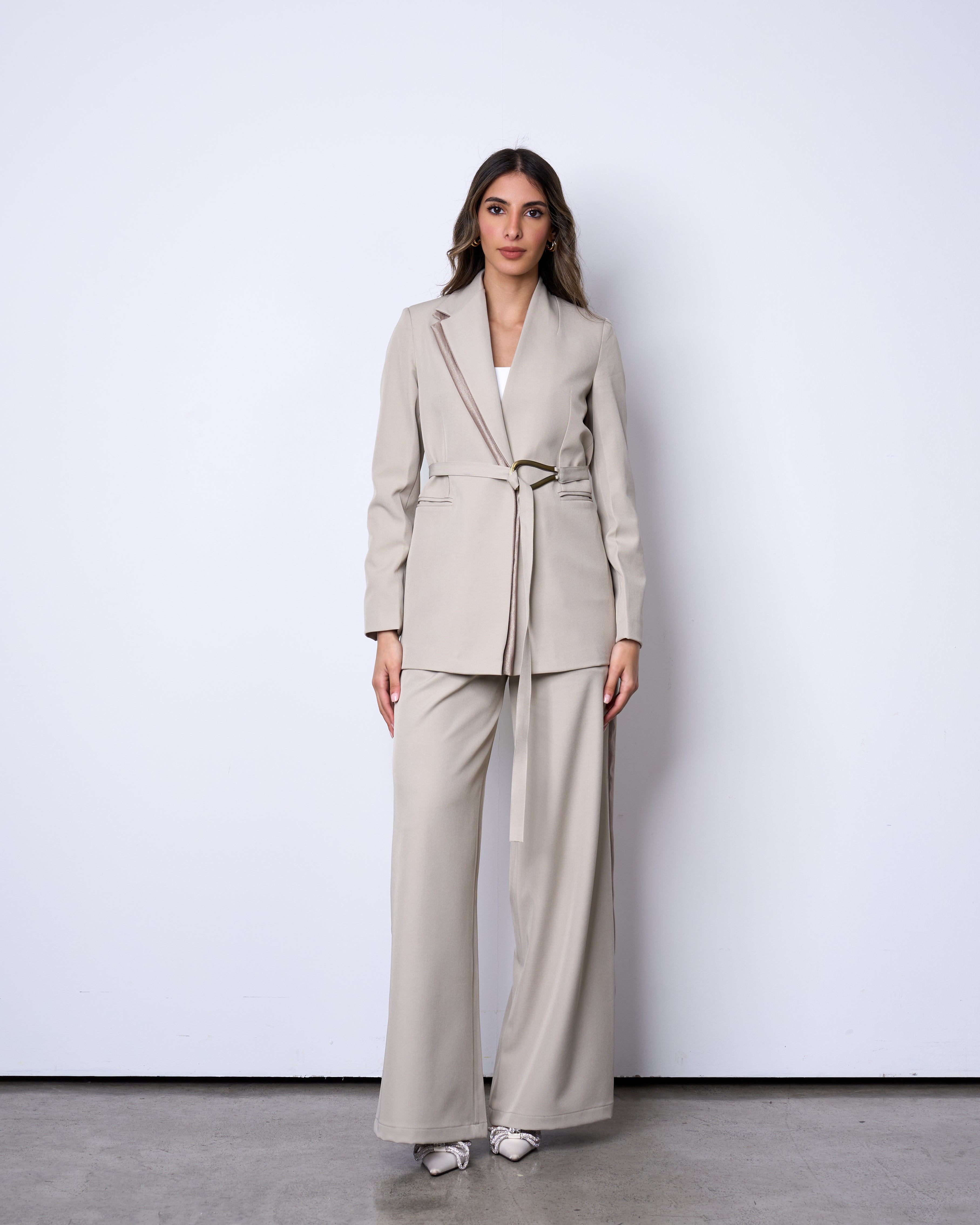 Stone Beige Belted Suit