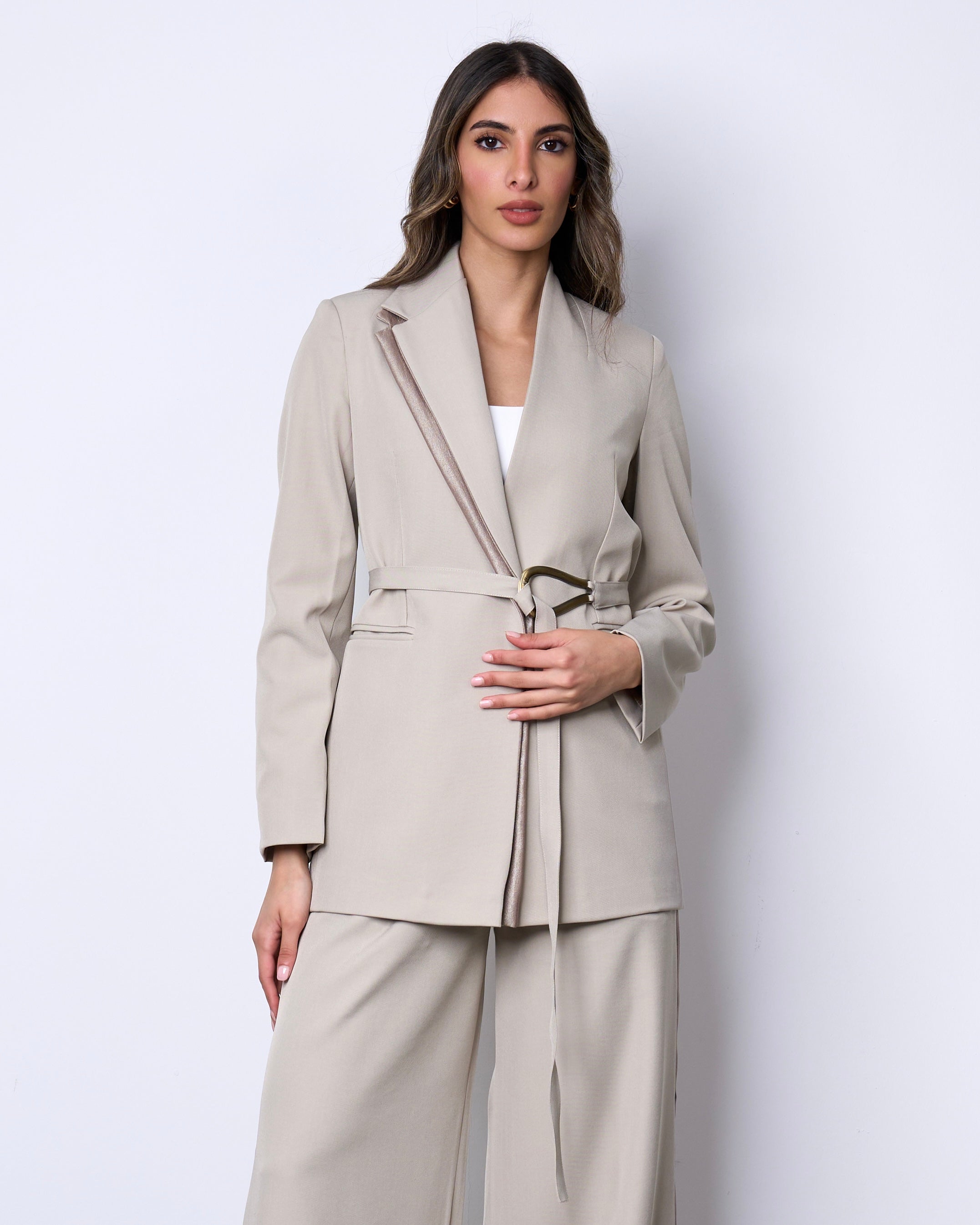 Stone Beige Belted Suit