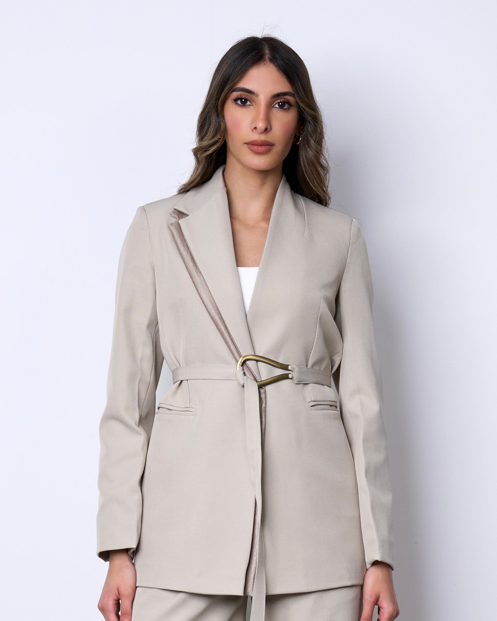 Stone Beige Belted Suit
