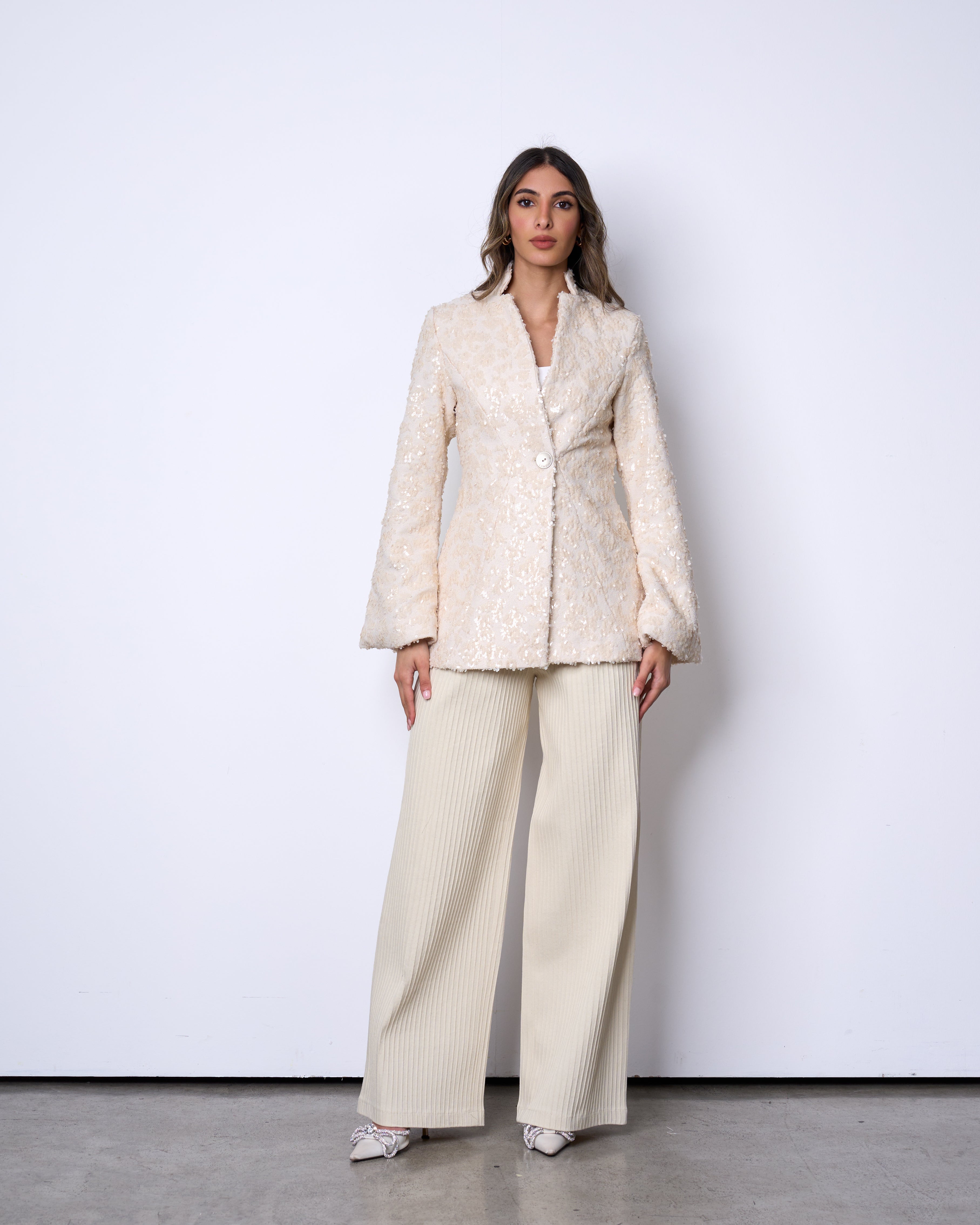 Cream Textured Sequin Blazer