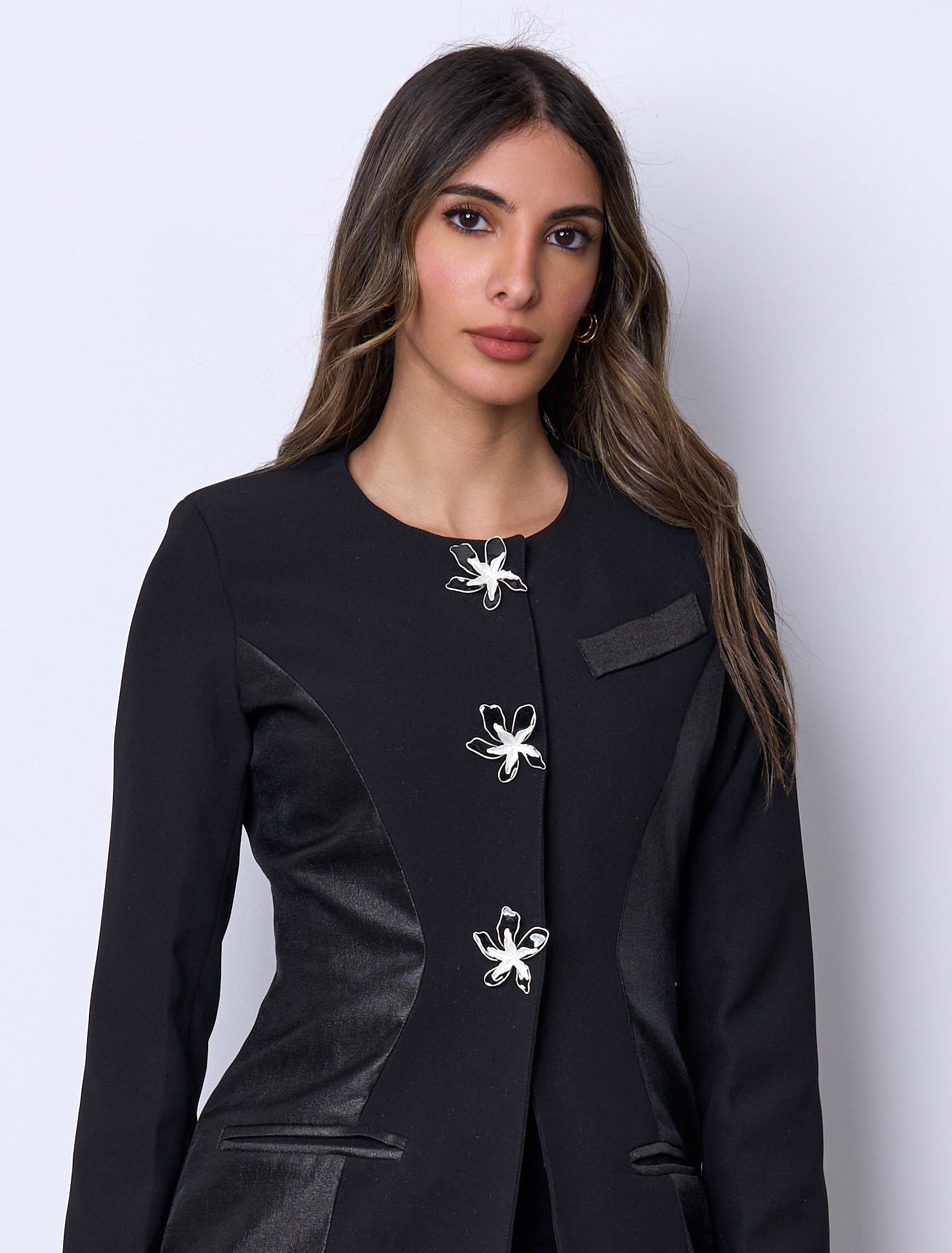 Floral Buttoned Black Blazer