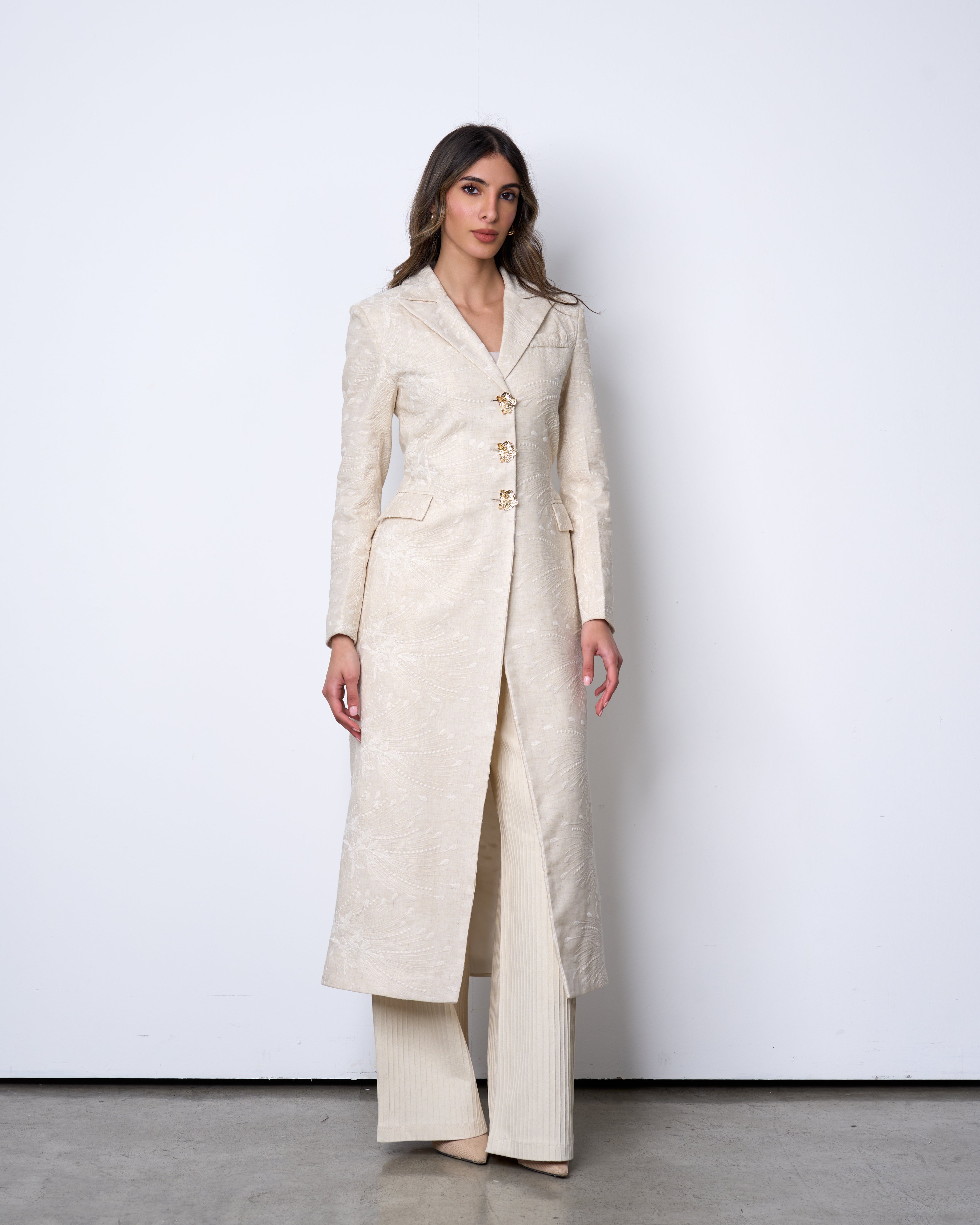 Cream Embroidered long Blazer