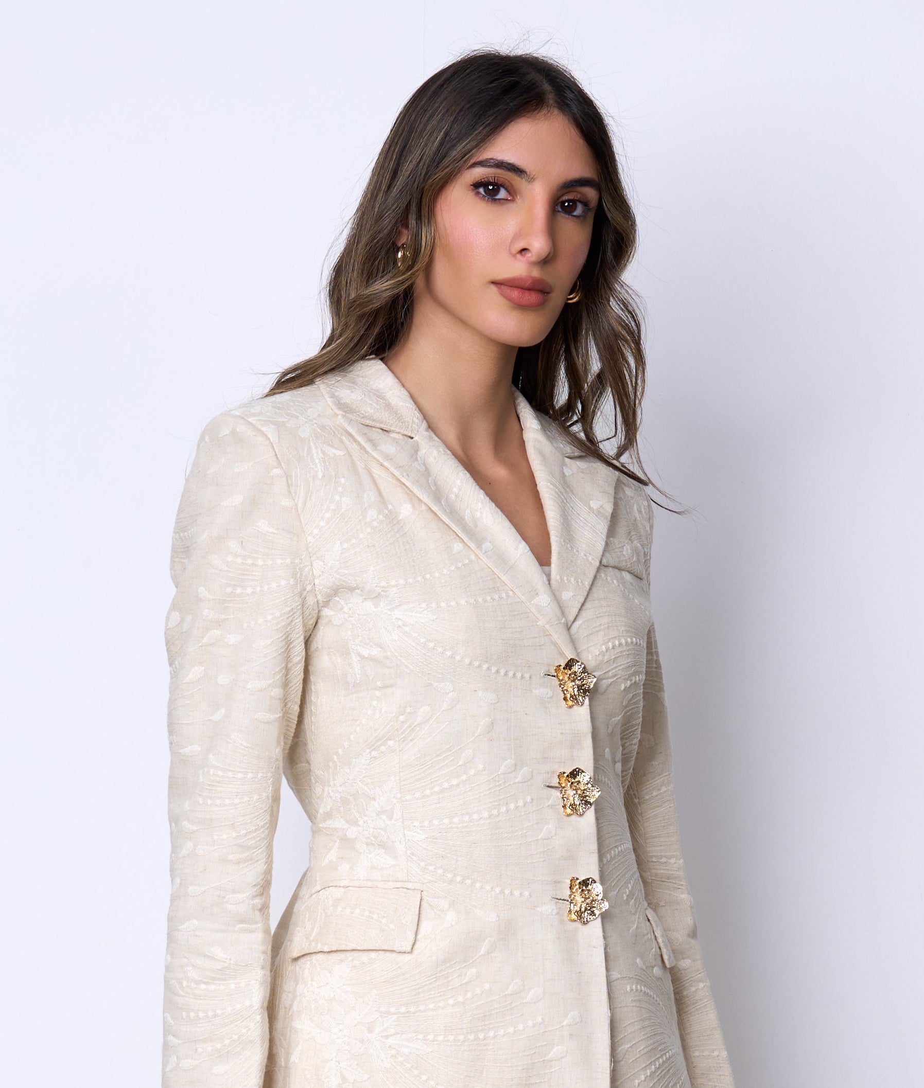 Cream Embroidered long Blazer