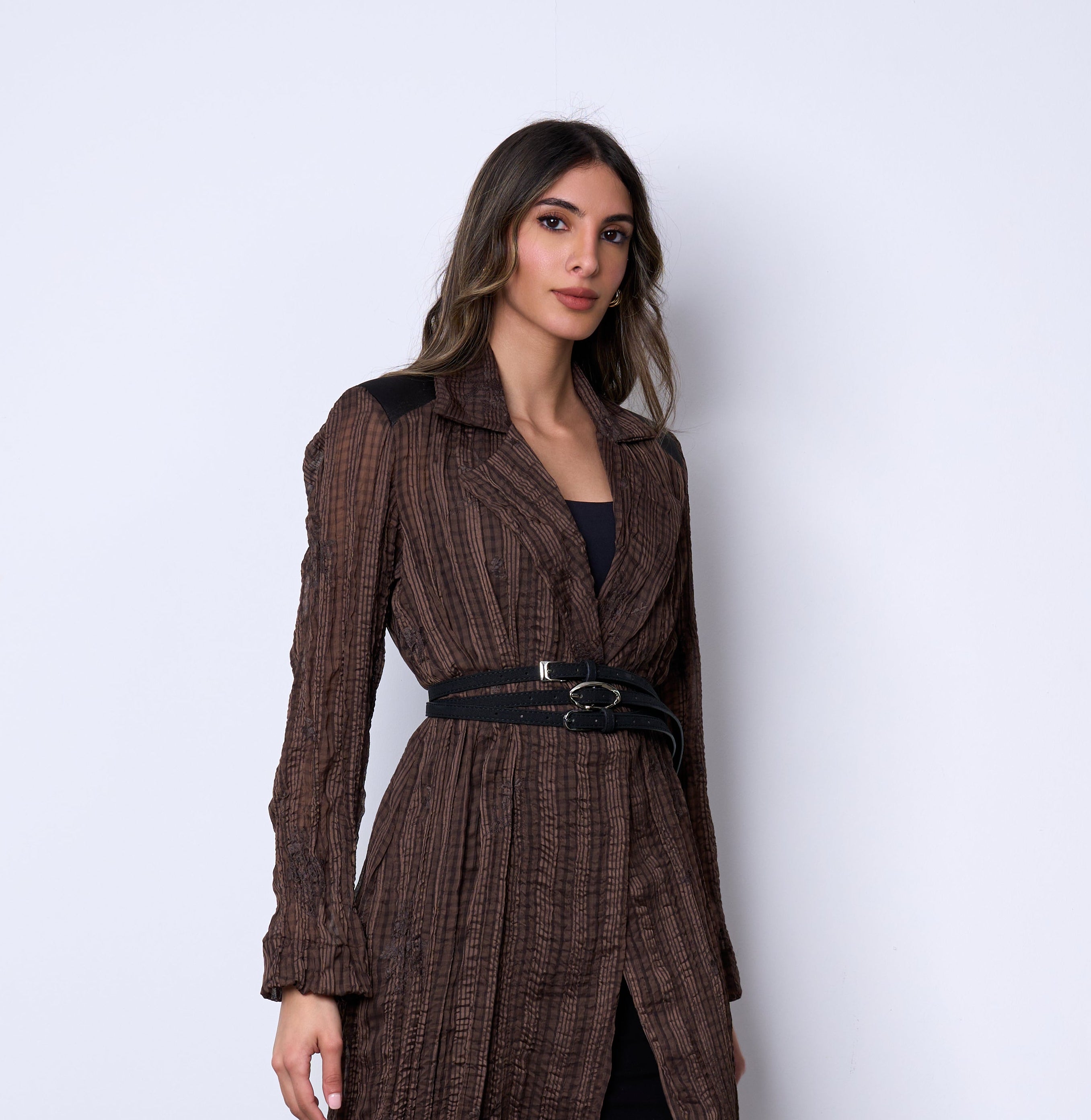 Triple-Belt Chiffon Blazer