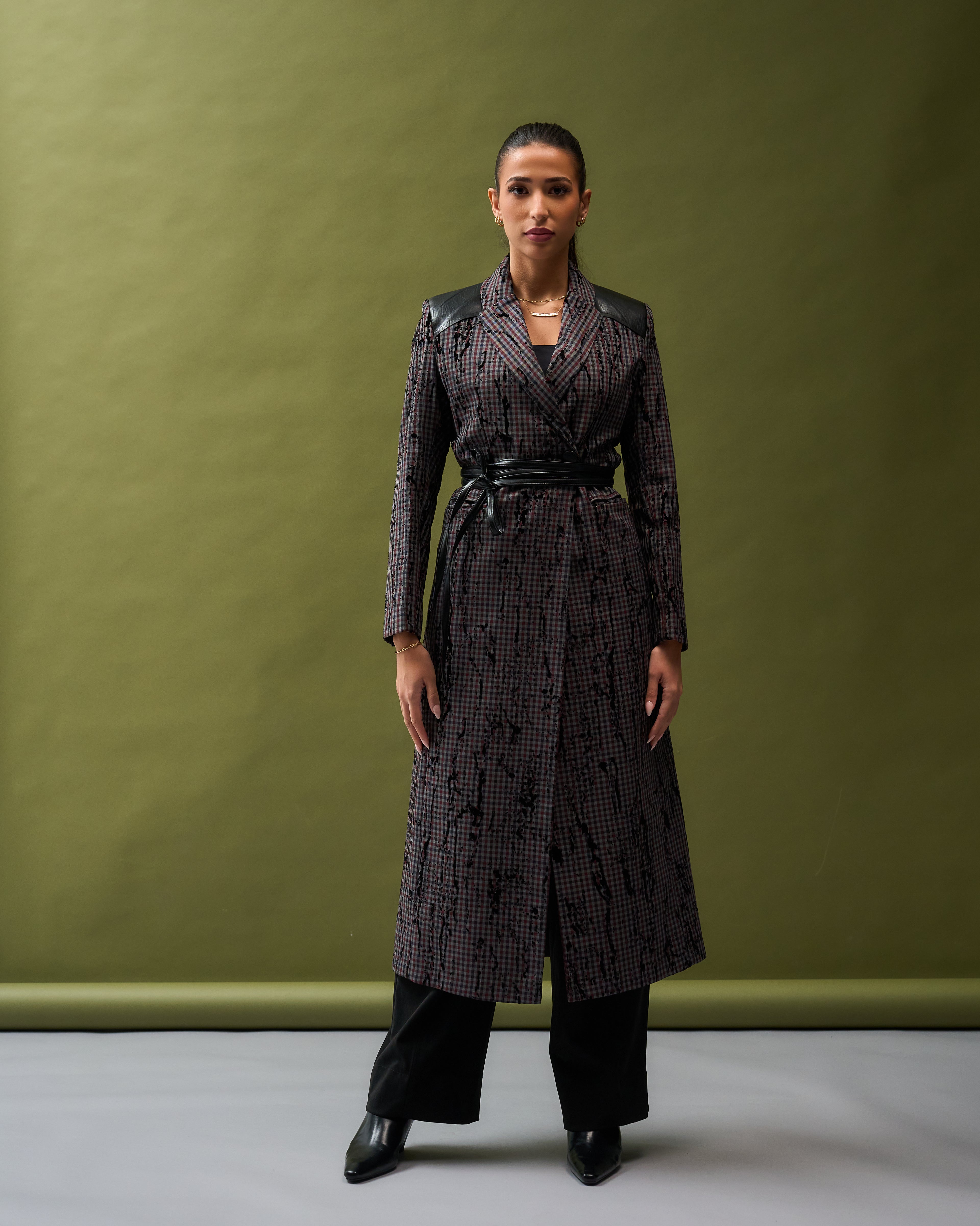 Chequered X Black Leather Long Blazer