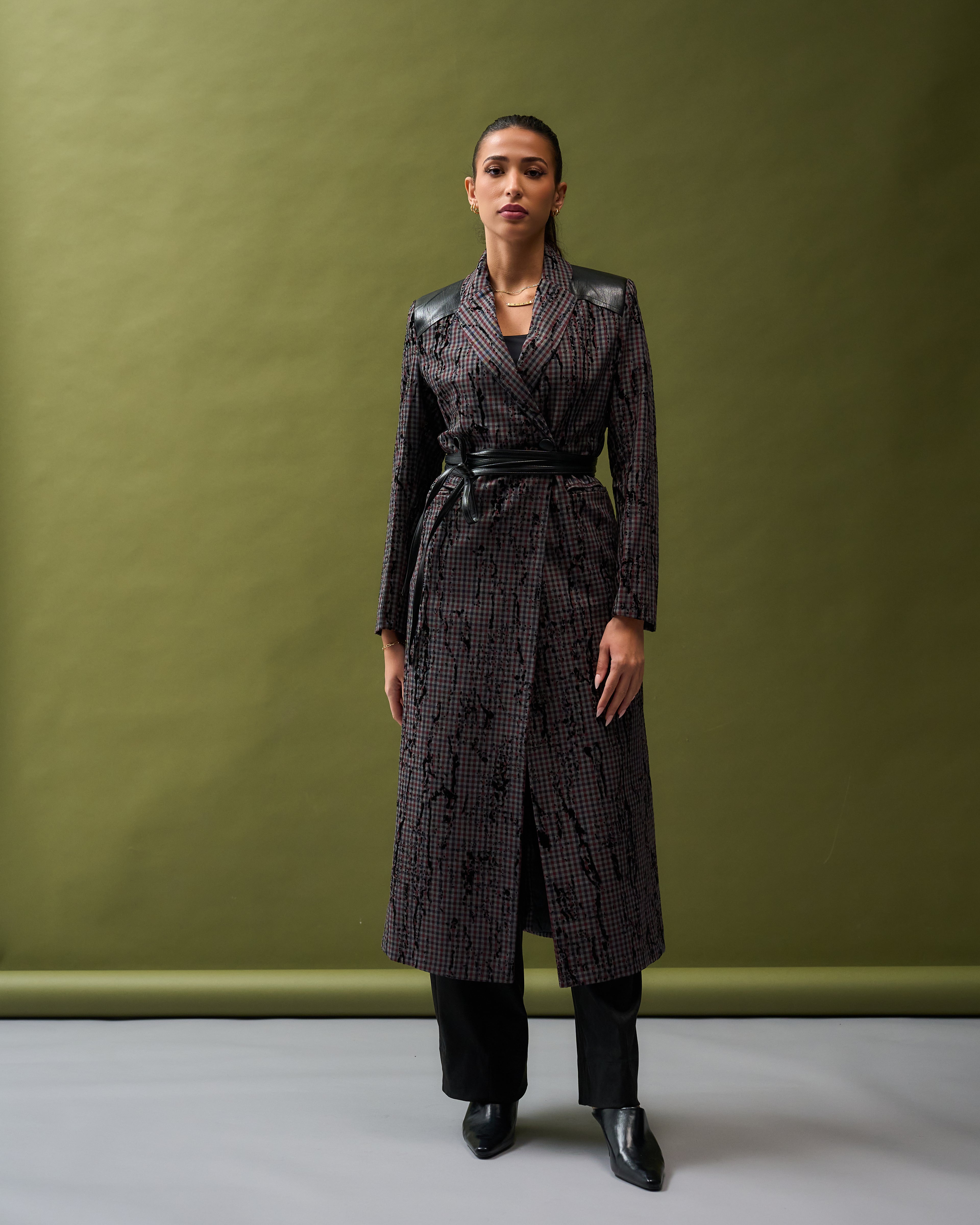 Chequered X Black Leather Long Blazer