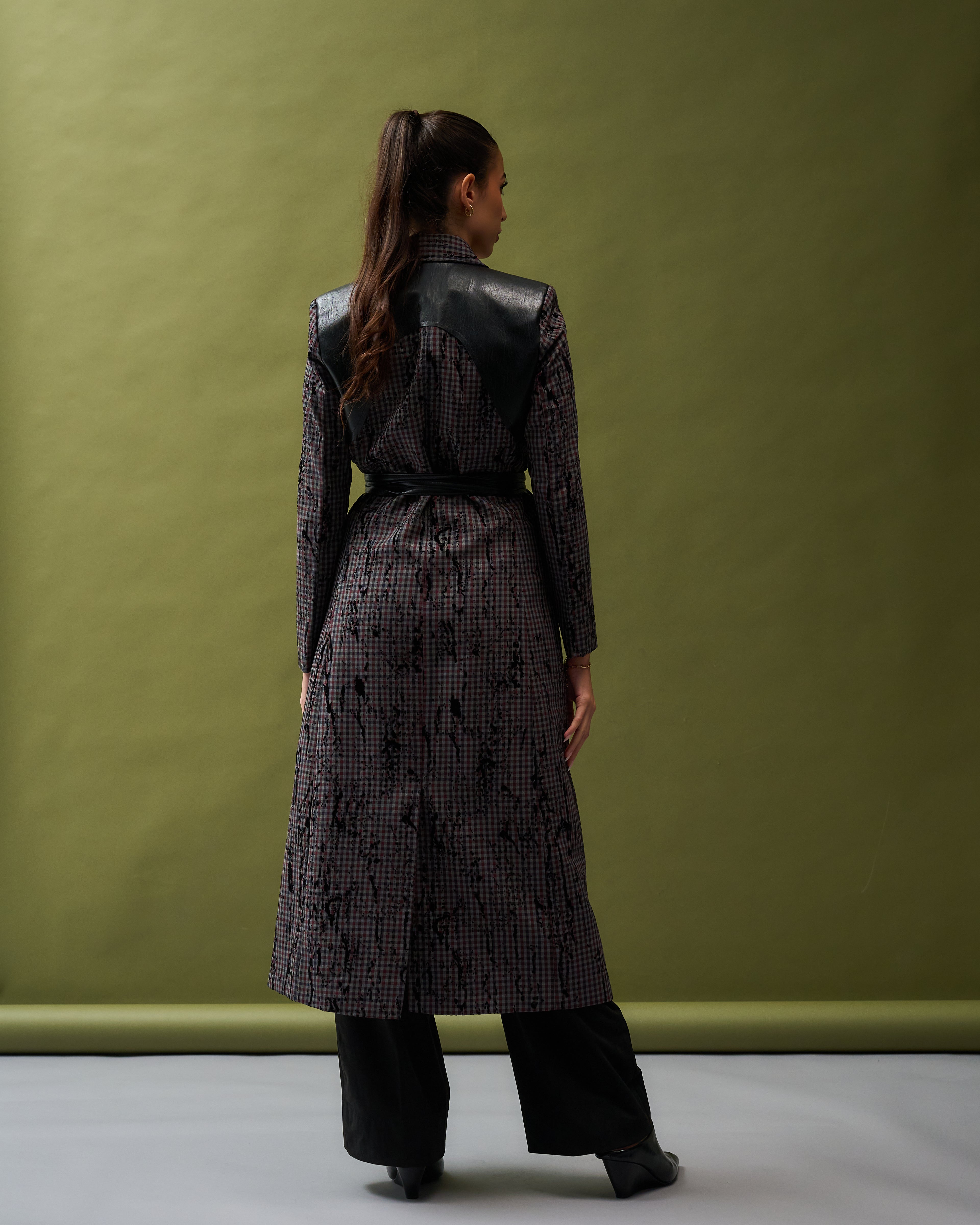 Chequered X Black Leather Long Blazer