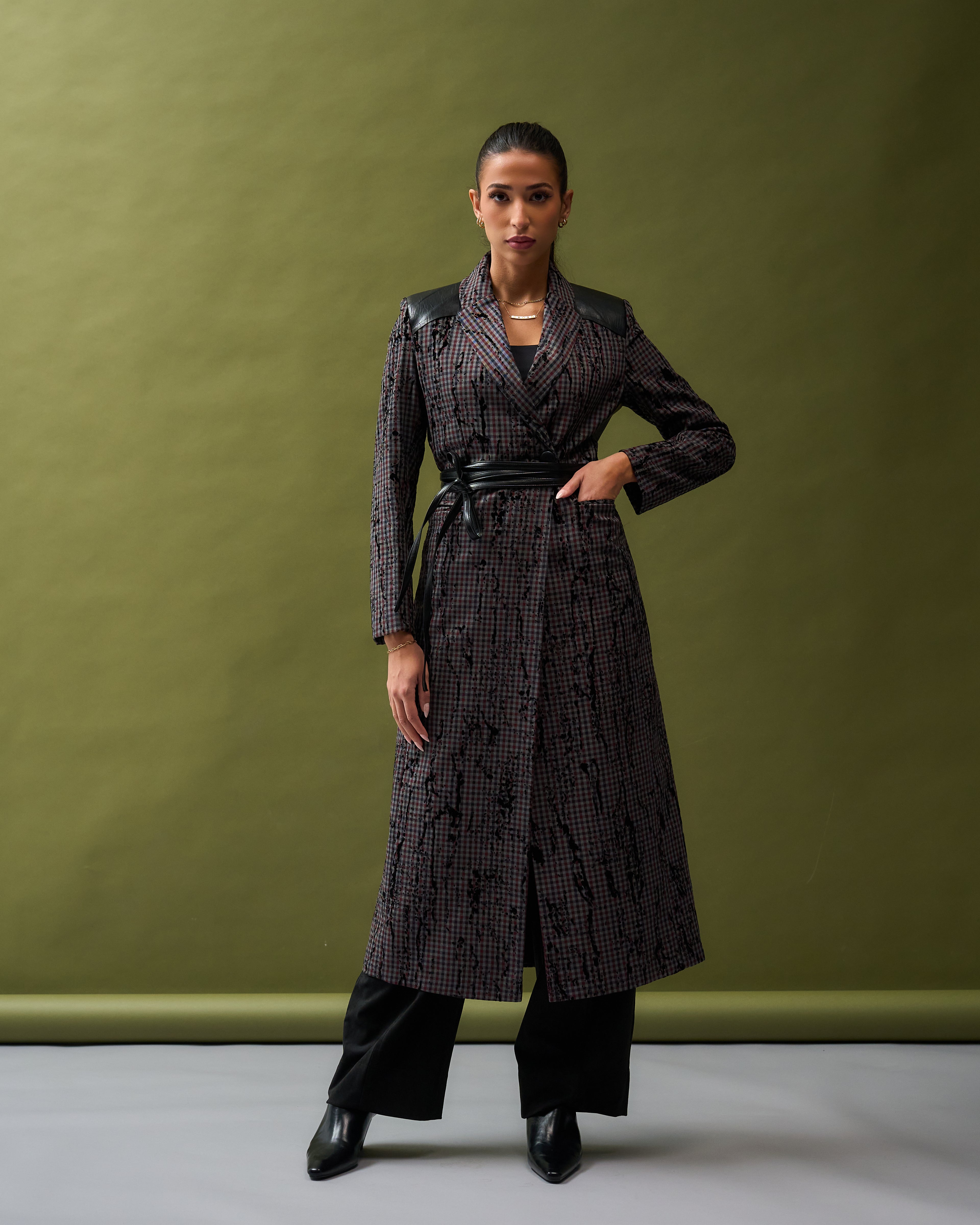 Chequered X Black Leather Long Blazer