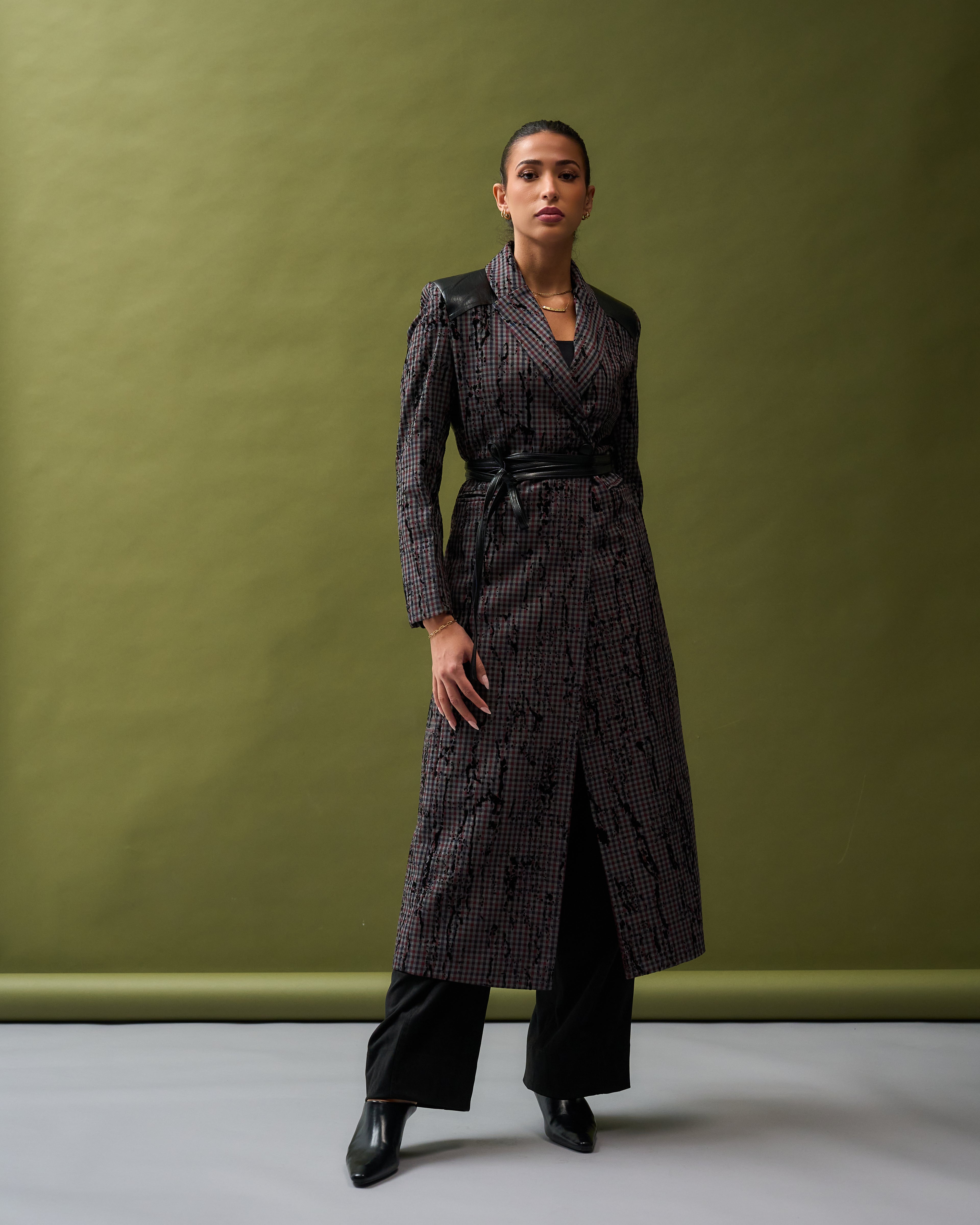 Chequered X Black Leather Long Blazer