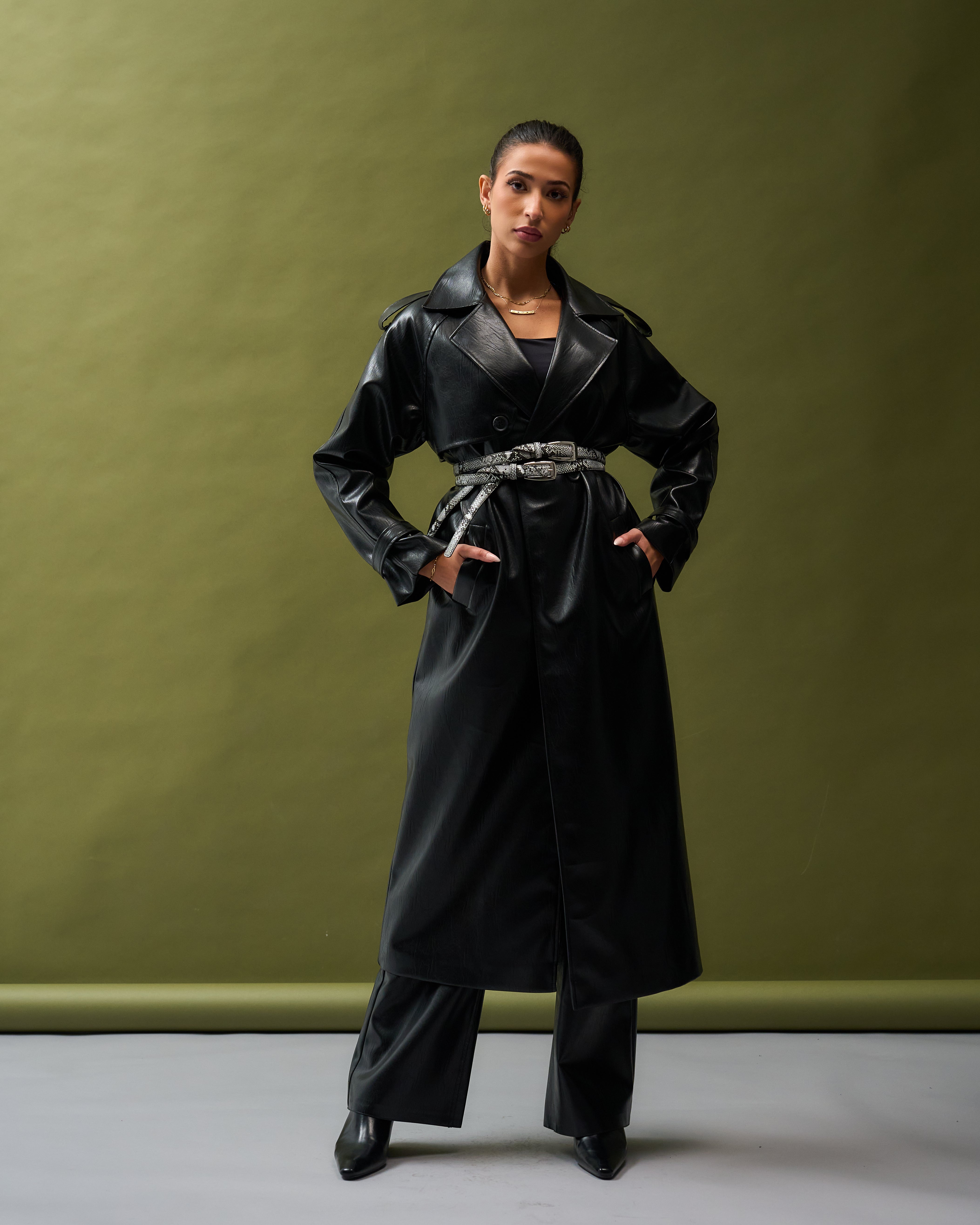 Python Double Belt leather trench