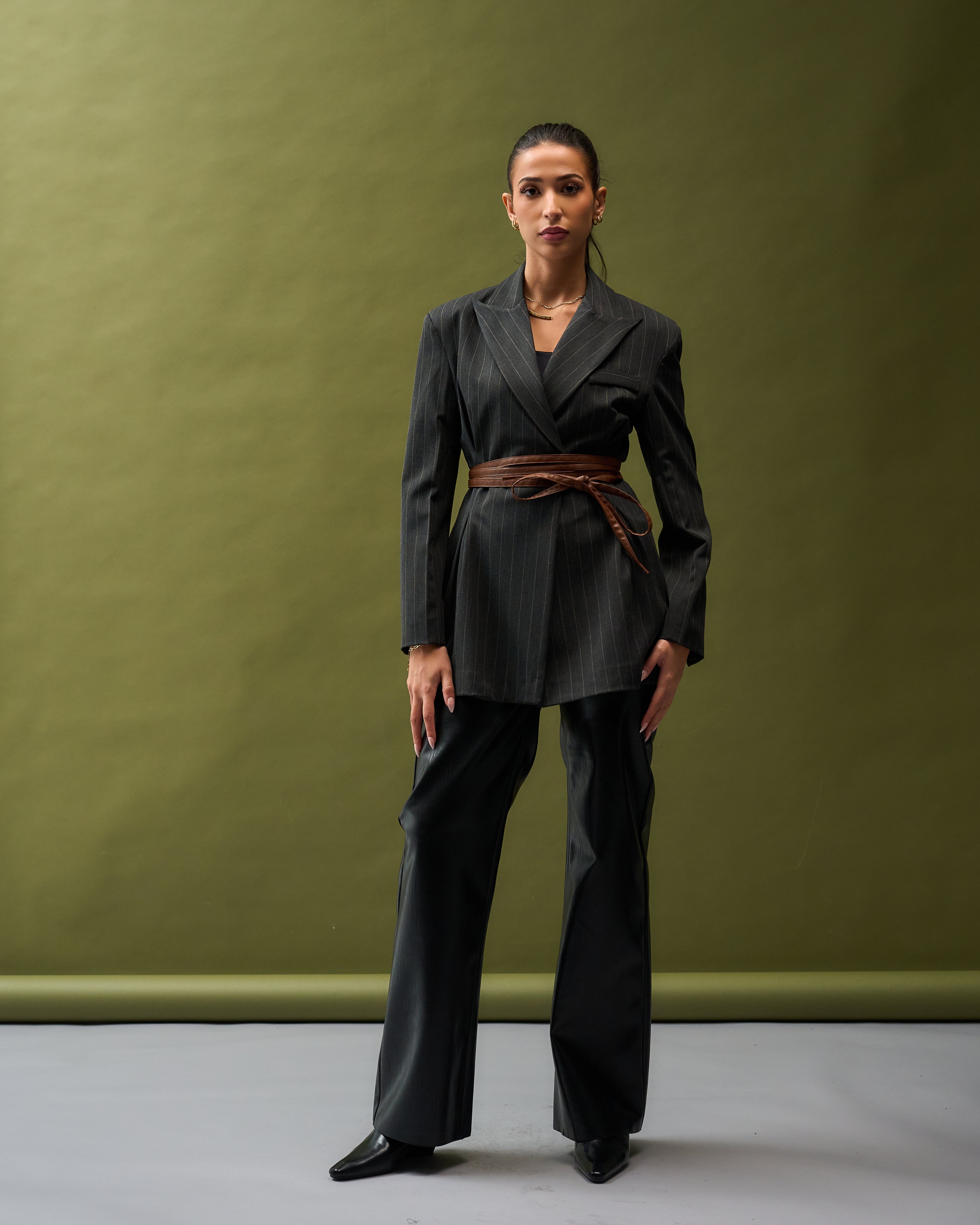 Pinstripe Belted Blazer