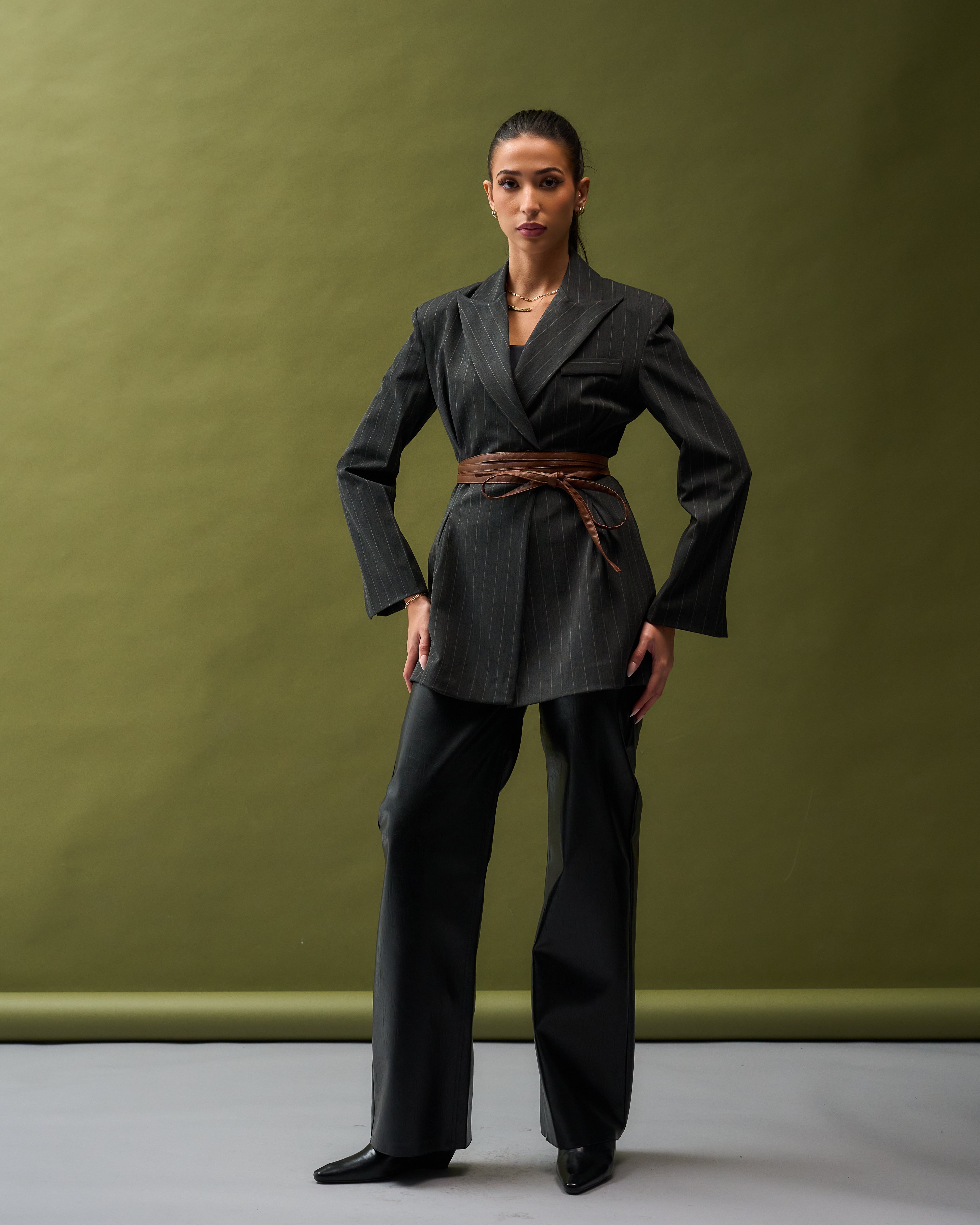 Pinstripe Belted Blazer