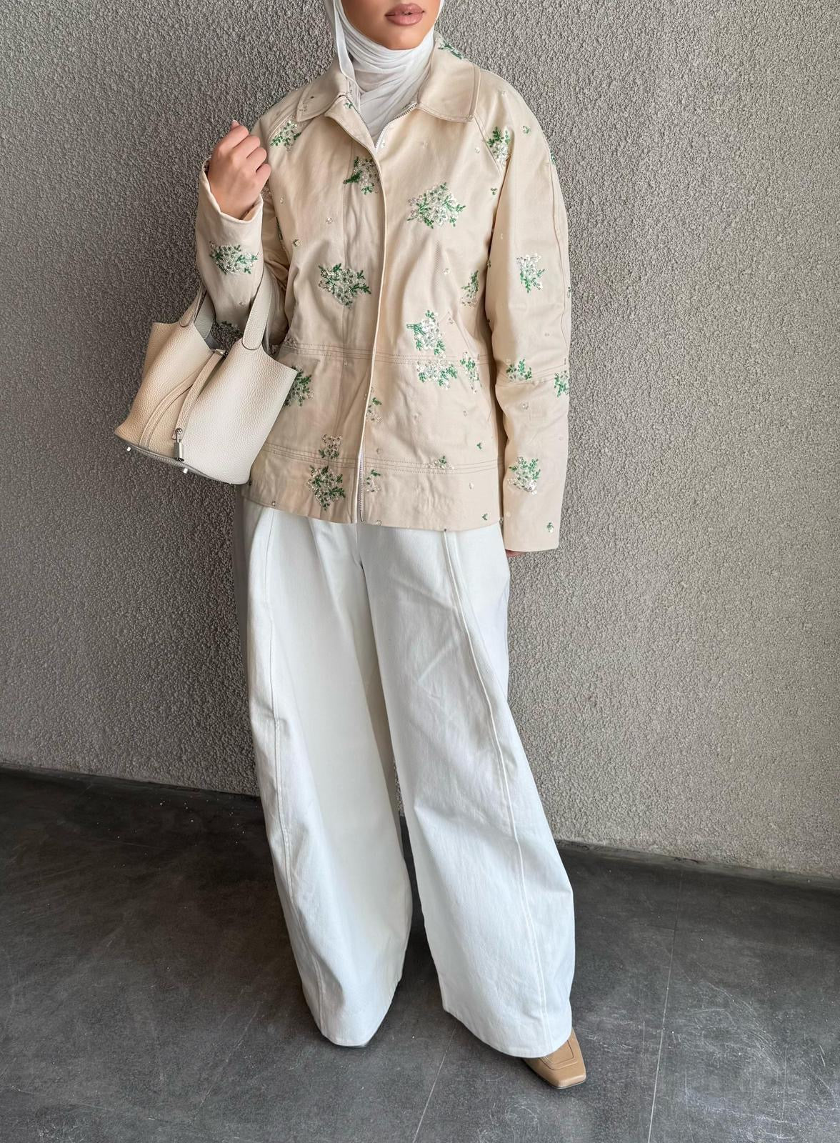 Beige Jeans Embellished Jacket